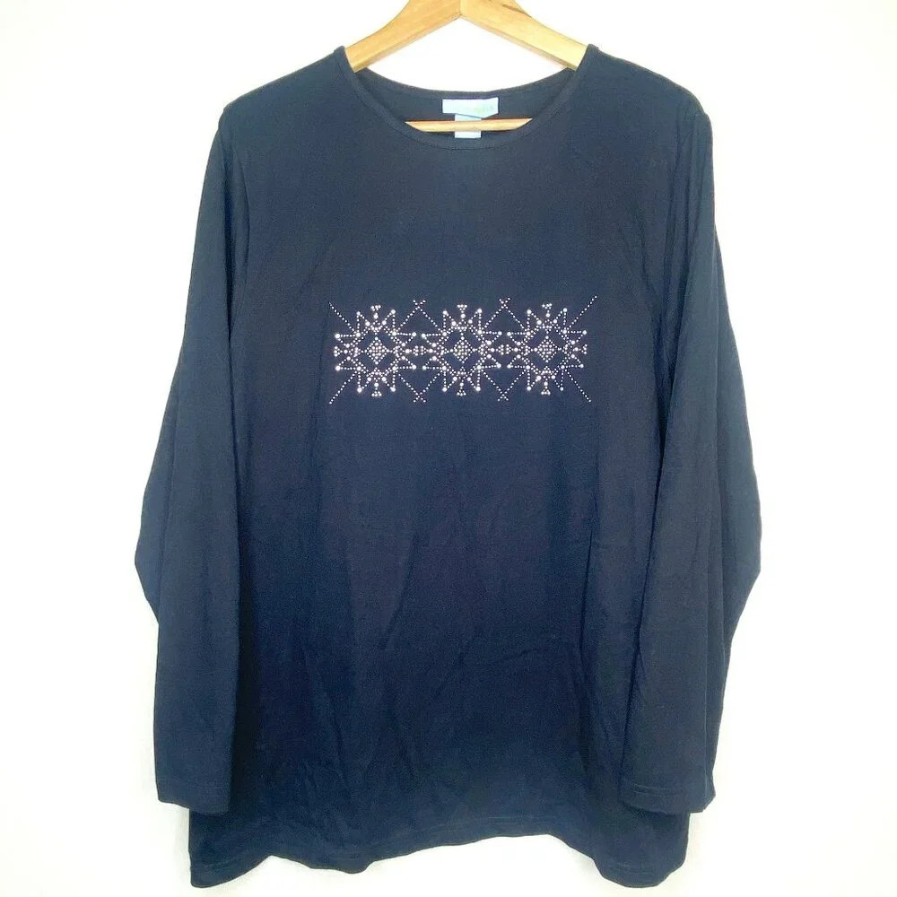 NWT Liz & Me Sport Studded Snowflake Black Long Sleeve Tee Plus Size 0X 14/16W